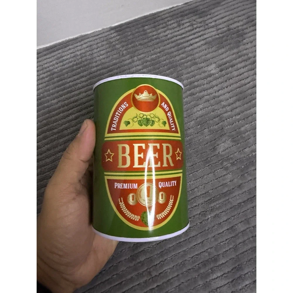 NWT Gift Beer Can Money Piggy Bank Aluminum Green Tan New